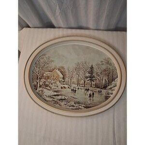 Currier and Ives Tray Oval Metal Winter Ice Skating Christmas Gold White Snow